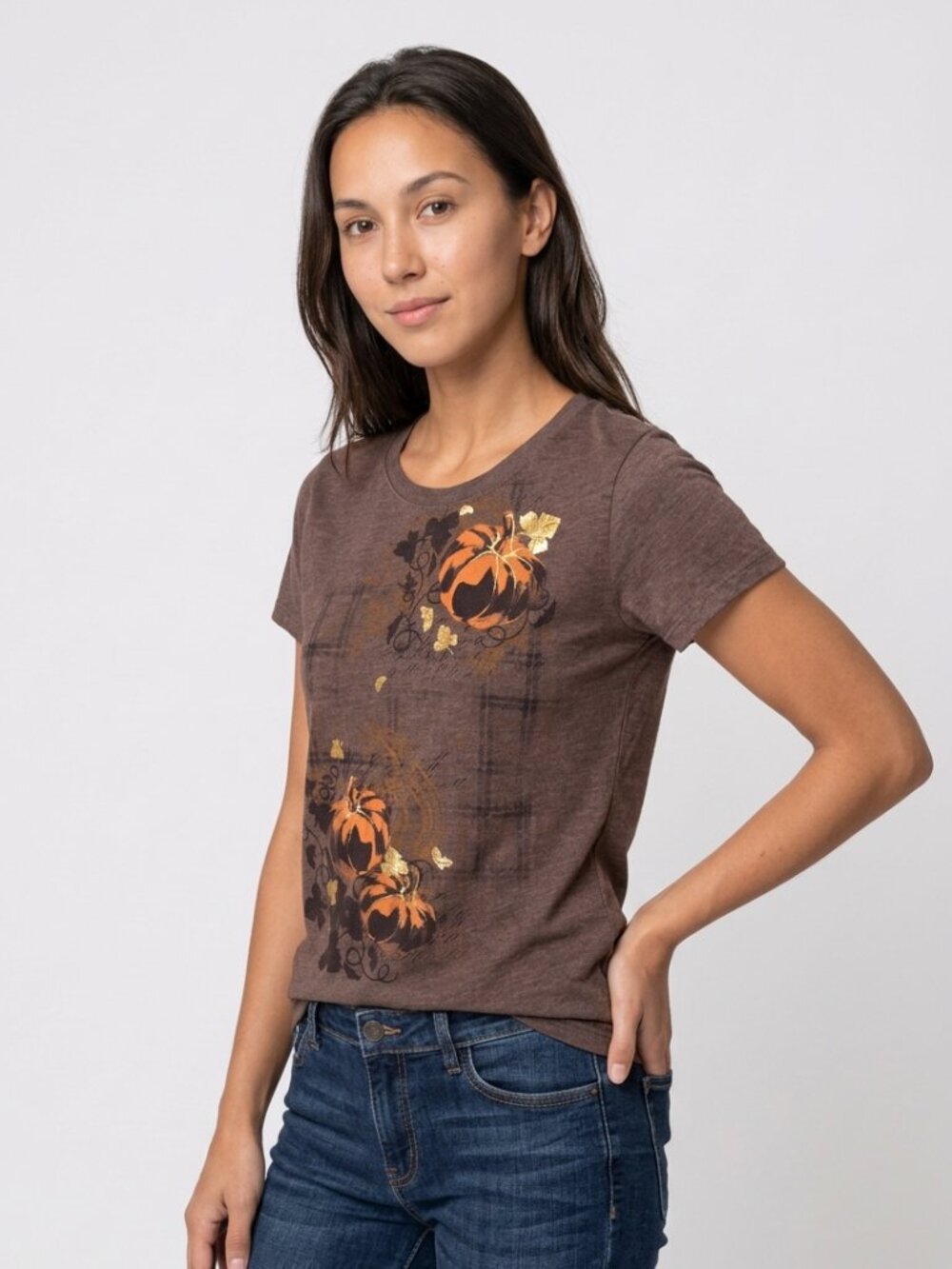 Way To Celebrate! Halloween Women's XL Autumn Short-Sleeve Brown Pumpkin Top